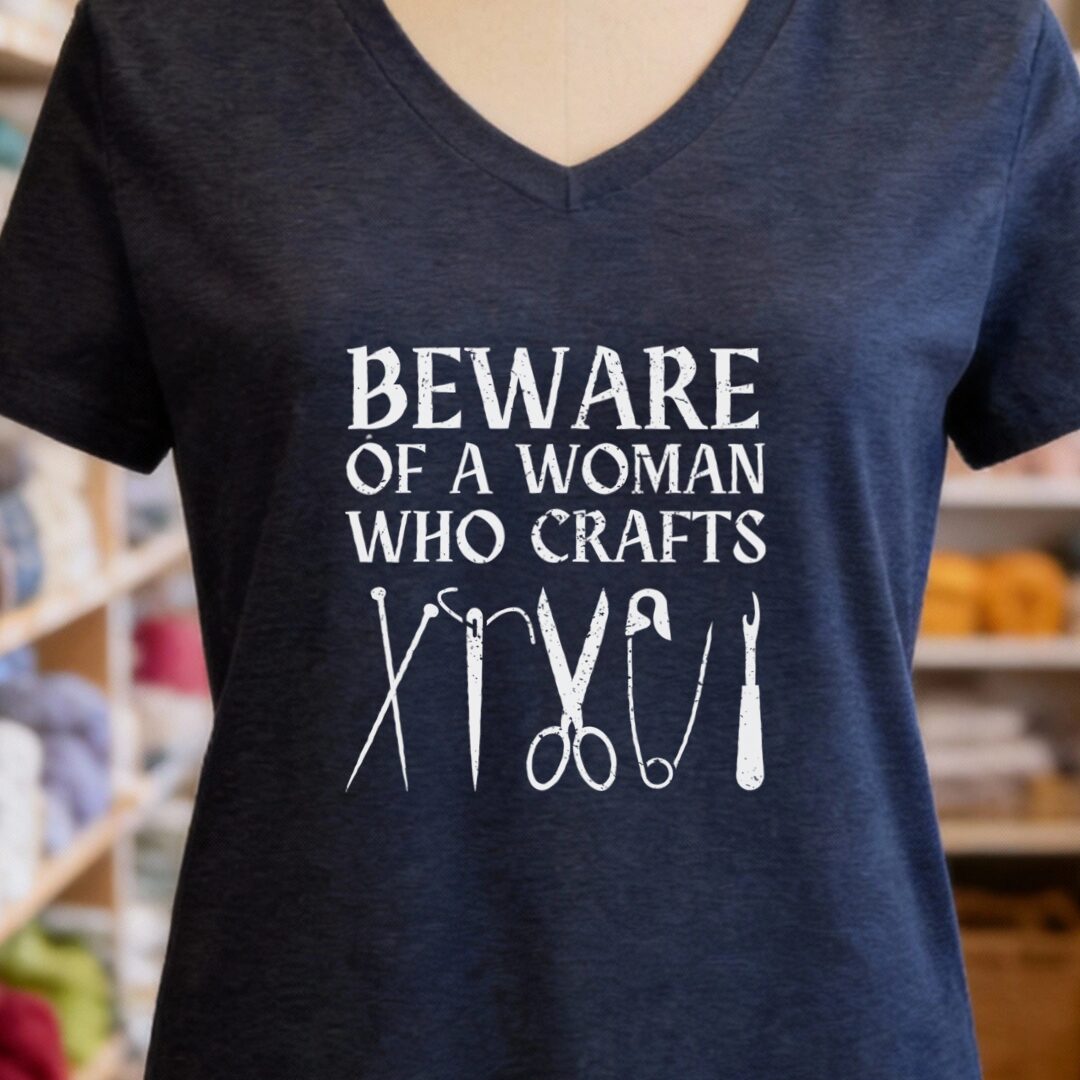 Beware a woman who Crafts V-Neck T-Shirt Navy t-shirt