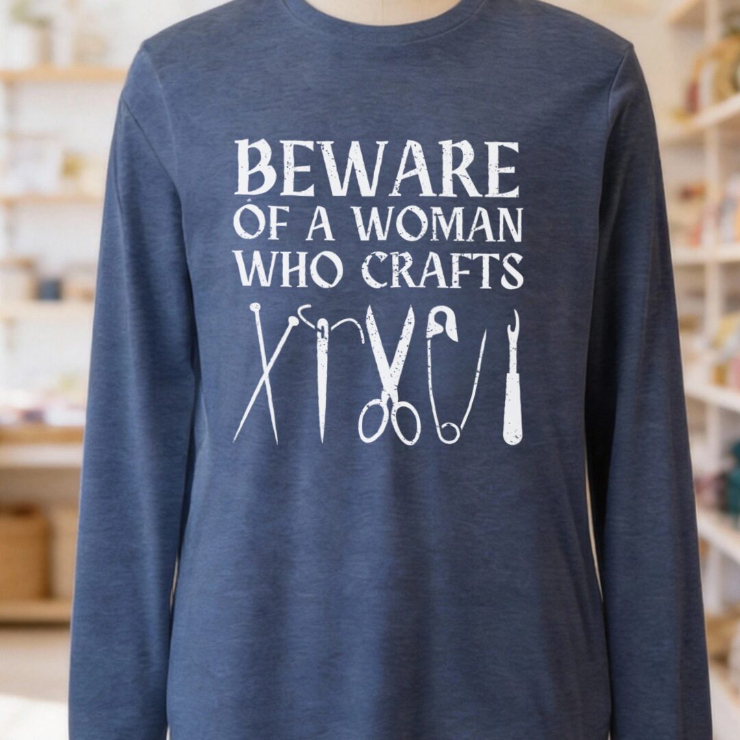 Beware of a woman who Crafts Long Sleeve Tee Navy t-shirt