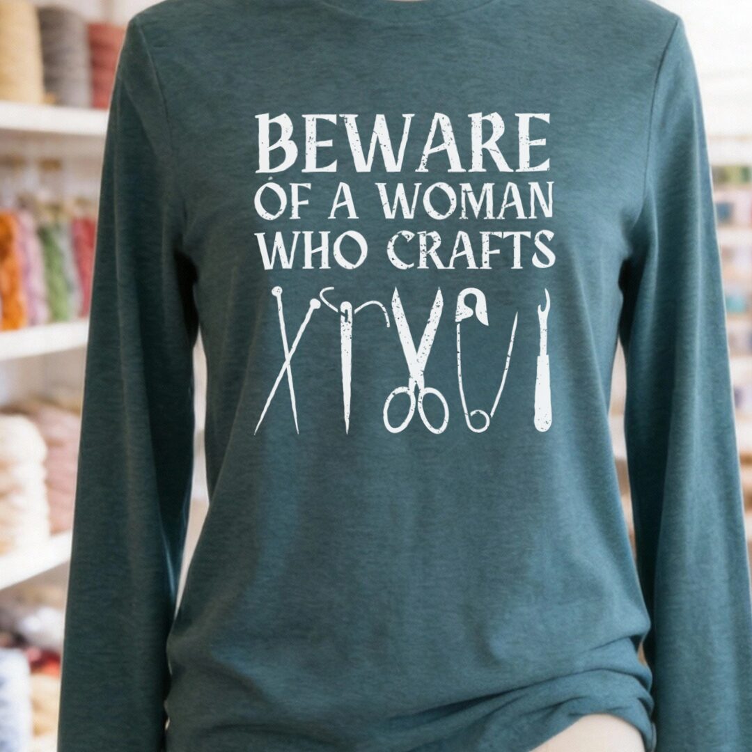 Beware of a woman who Crafts Long Sleeve Tee Heather Deep Teal t-shirt