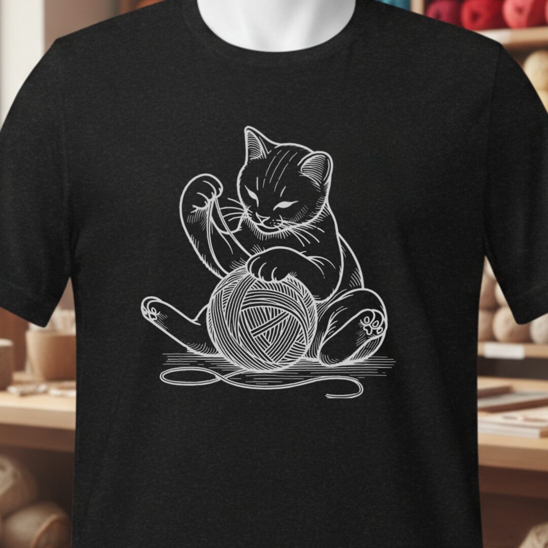 Cat Playing with Yarn T-Shirt Black t-shirt