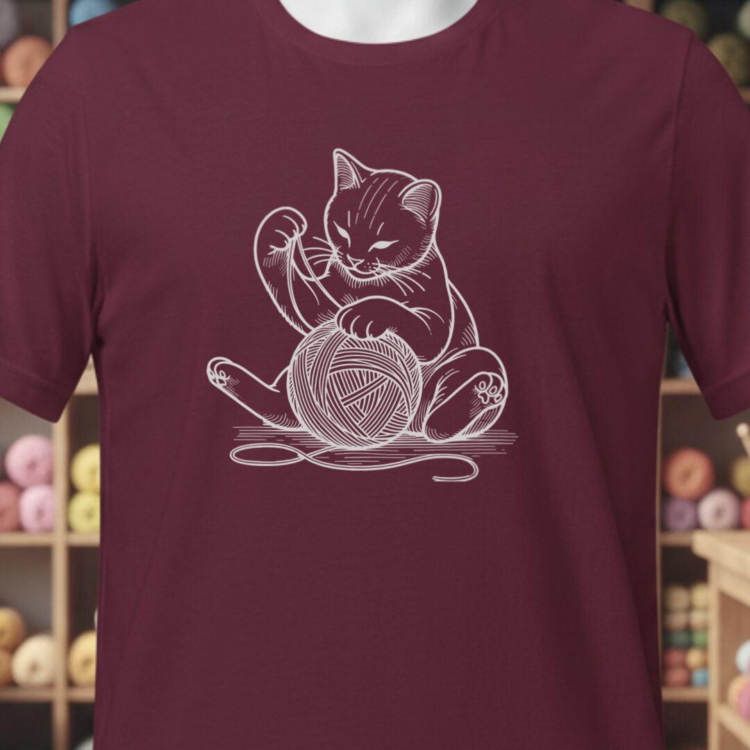 Cat Playing with Yarn T-Shirt Maroon t-shirt