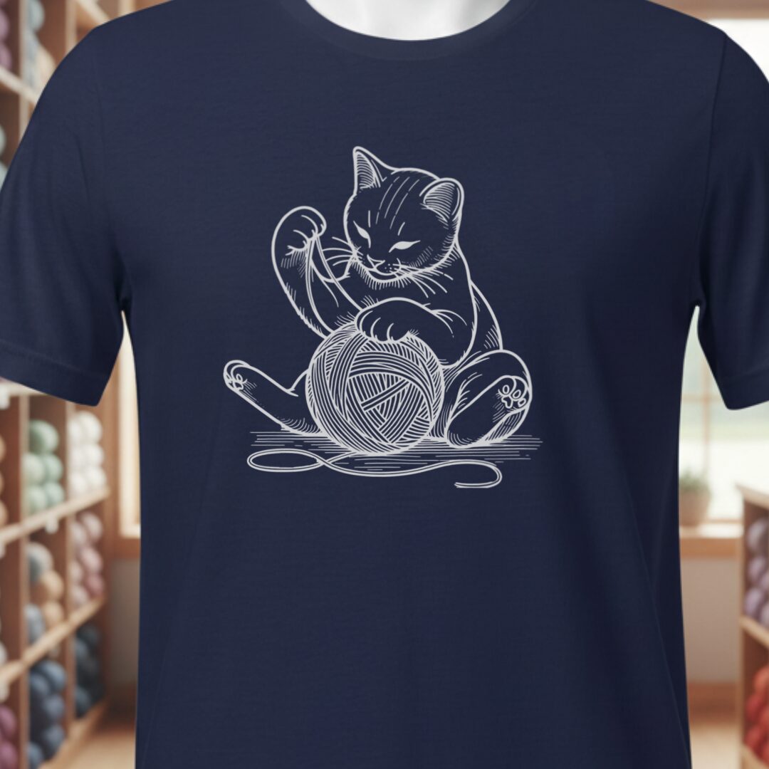Cat Playing with Yarn T-Shirt Navy t-shirt