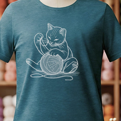 Cat Playing with Yarn T-Shirt Teal Blue t-shirt