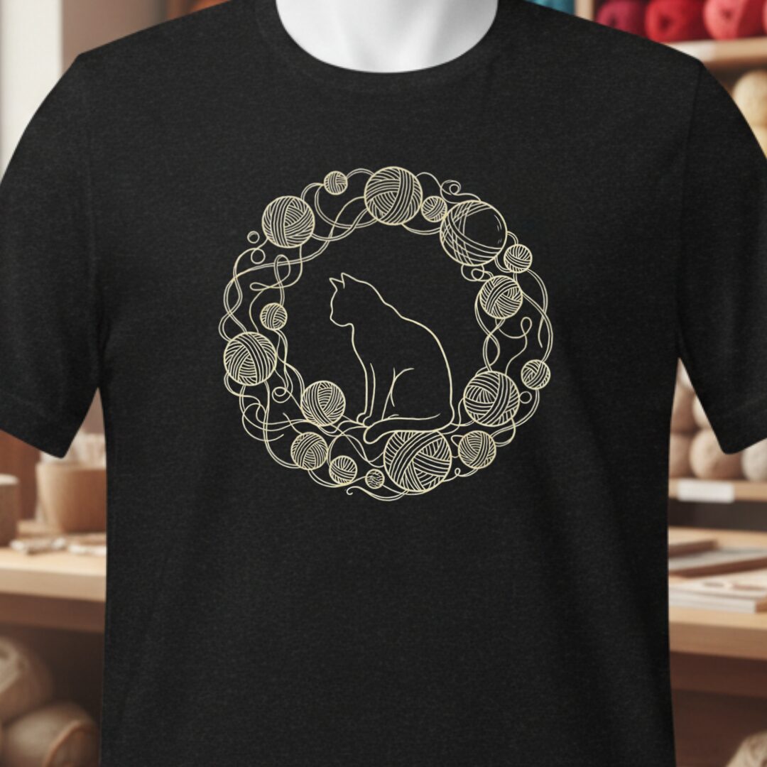 Cat Yarn Wreath T-Shirt Black t-shirt