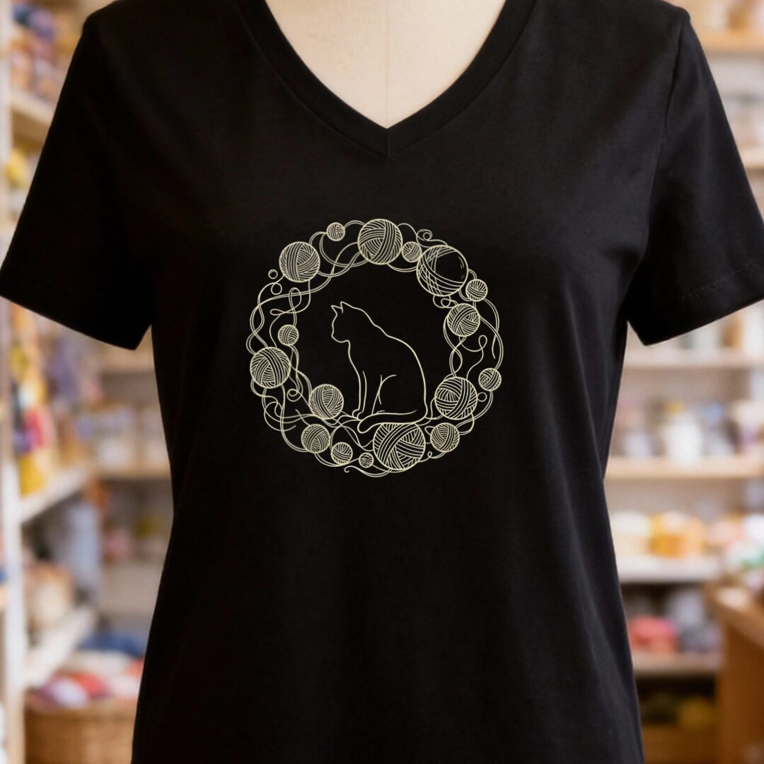 Cat Yarn Wreath V-Neck T-Shirt Black t-shirt