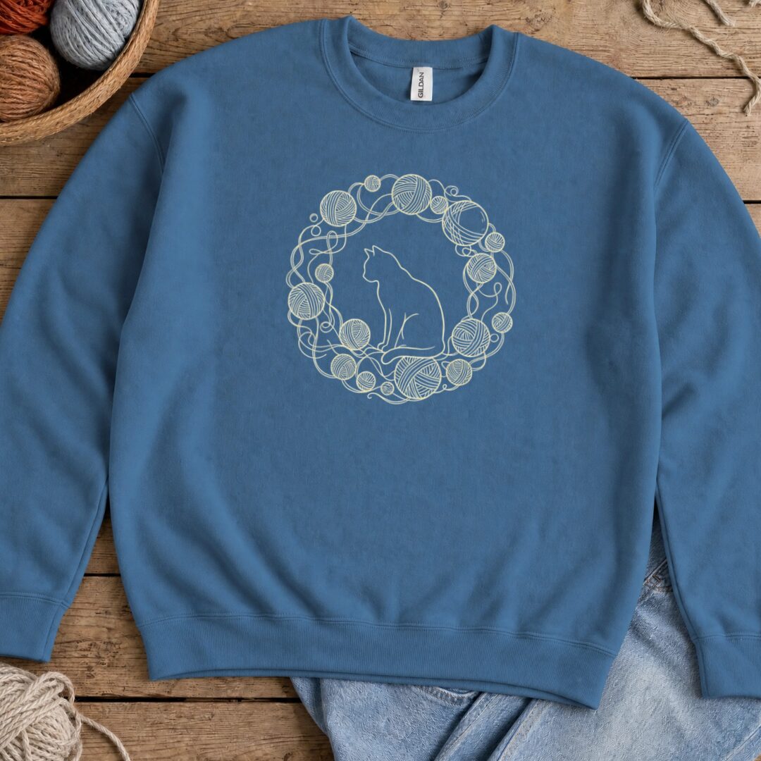Cat Yarn Wreath Sweatshirt Indigo Blue t-shirt