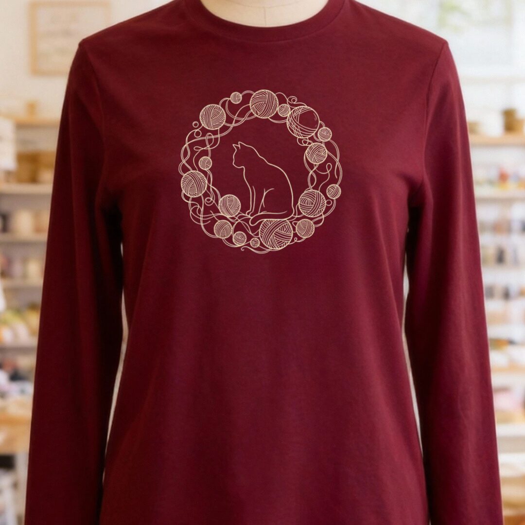 Cat Yarn Wreath Long Sleeve Tee Maroon t-shirt