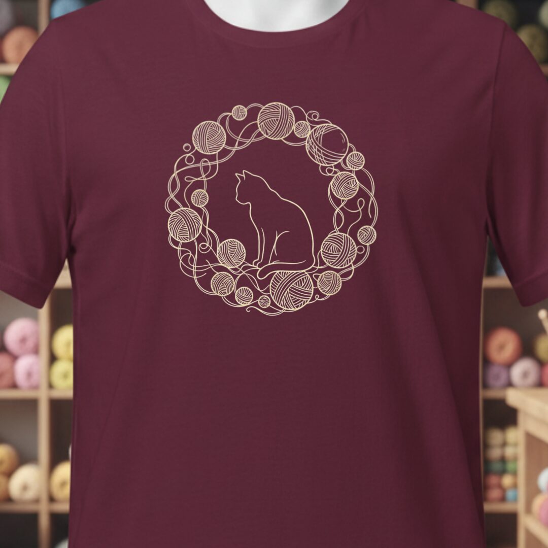 Cat Yarn Wreath T-Shirt Maroon t-shirt