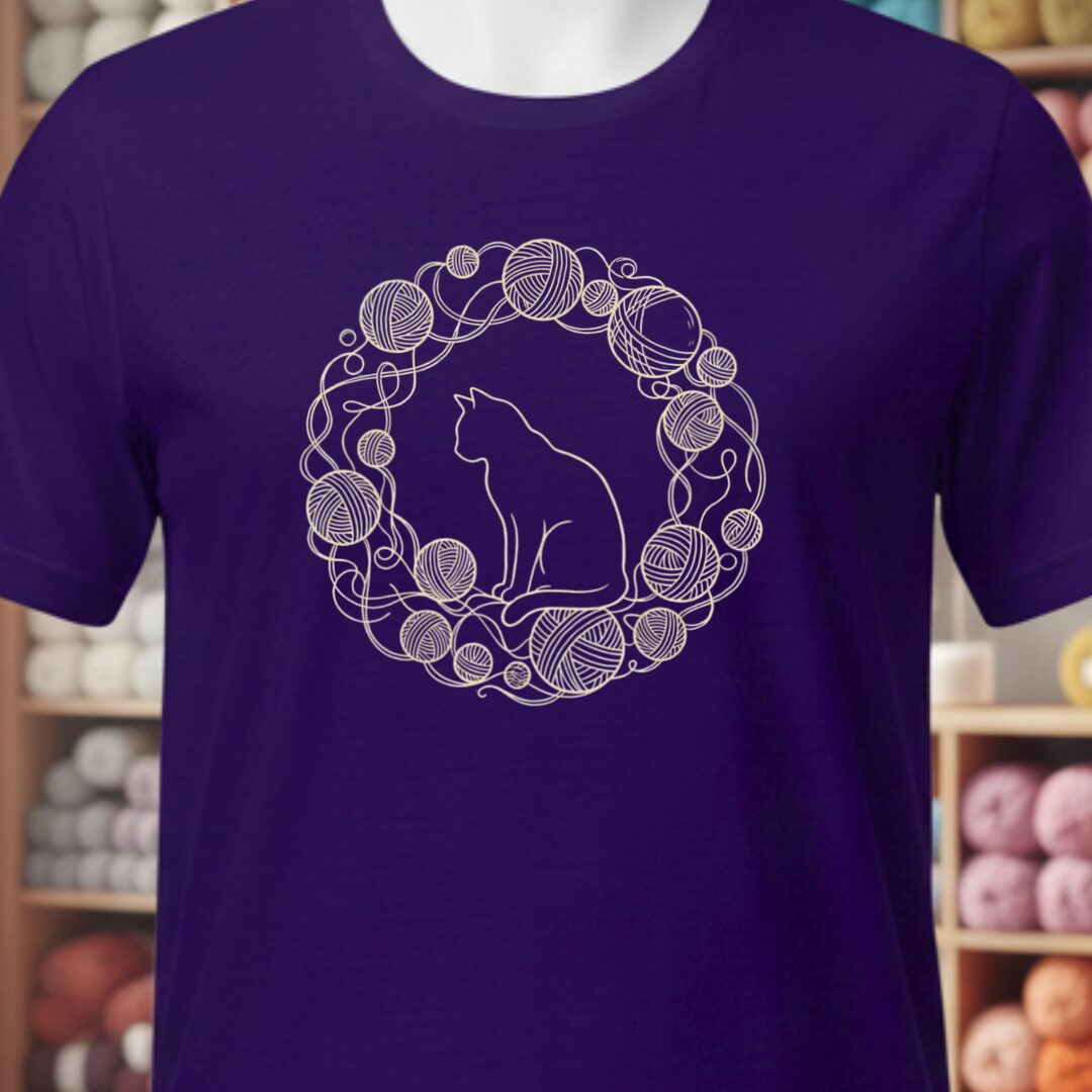 Cat Yarn Wreath T-Shirt Purple t-shirt