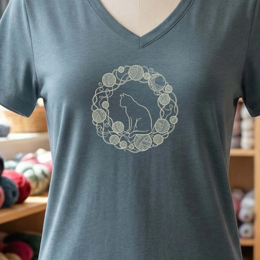 Cat Yarn Wreath V-Neck T-Shirt Slate t-shirt