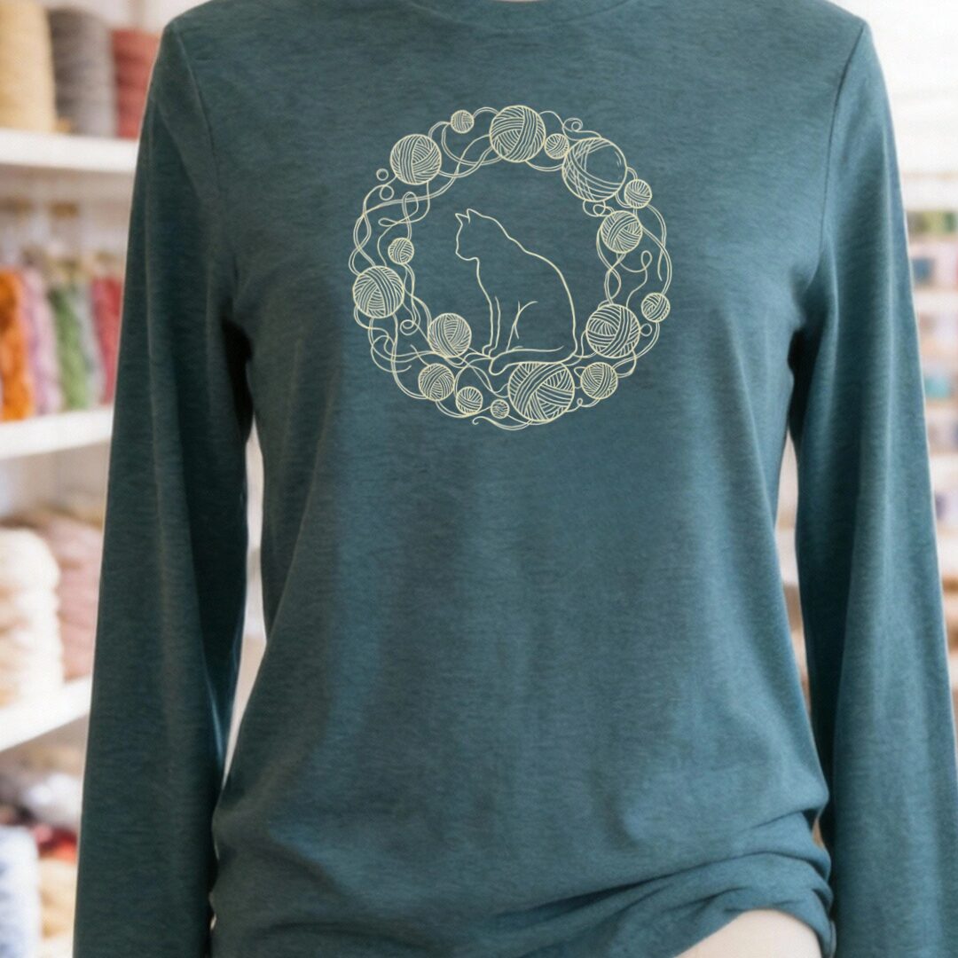 Cat Yarn Wreath Long Sleeve Tee Deep Teal t-shirt