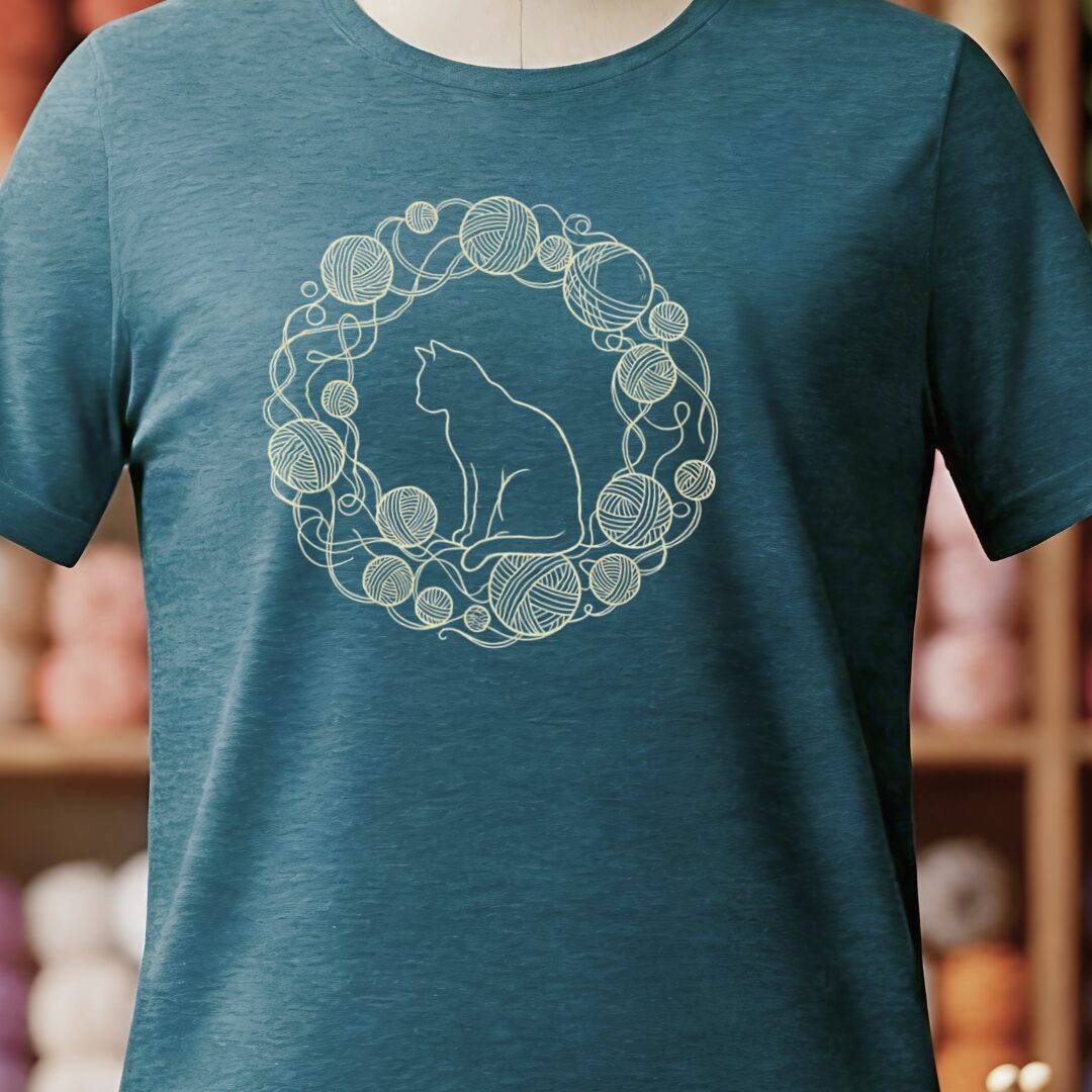 Cat Yarn Wreath T-Shirt Teal Blue t-shirt