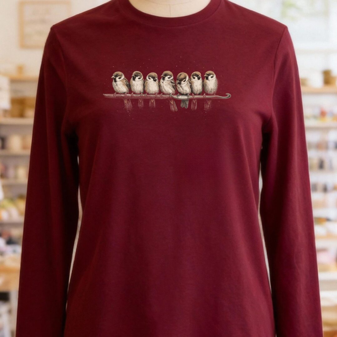 Crochet Birds Long Sleeve Tee Maroon t-shirt