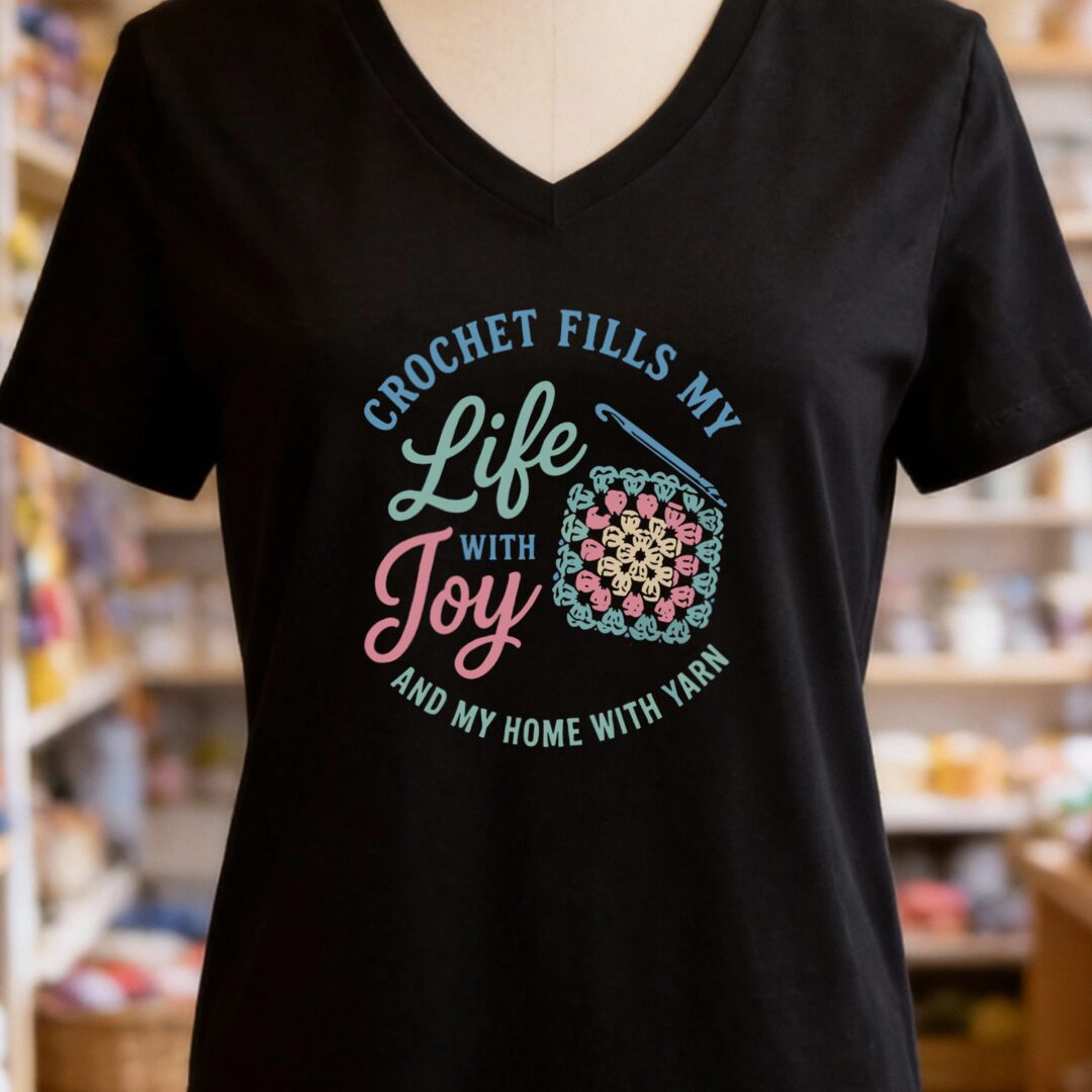 Crochet Fills My Life V-Neck T-Shirt Black t-shirt