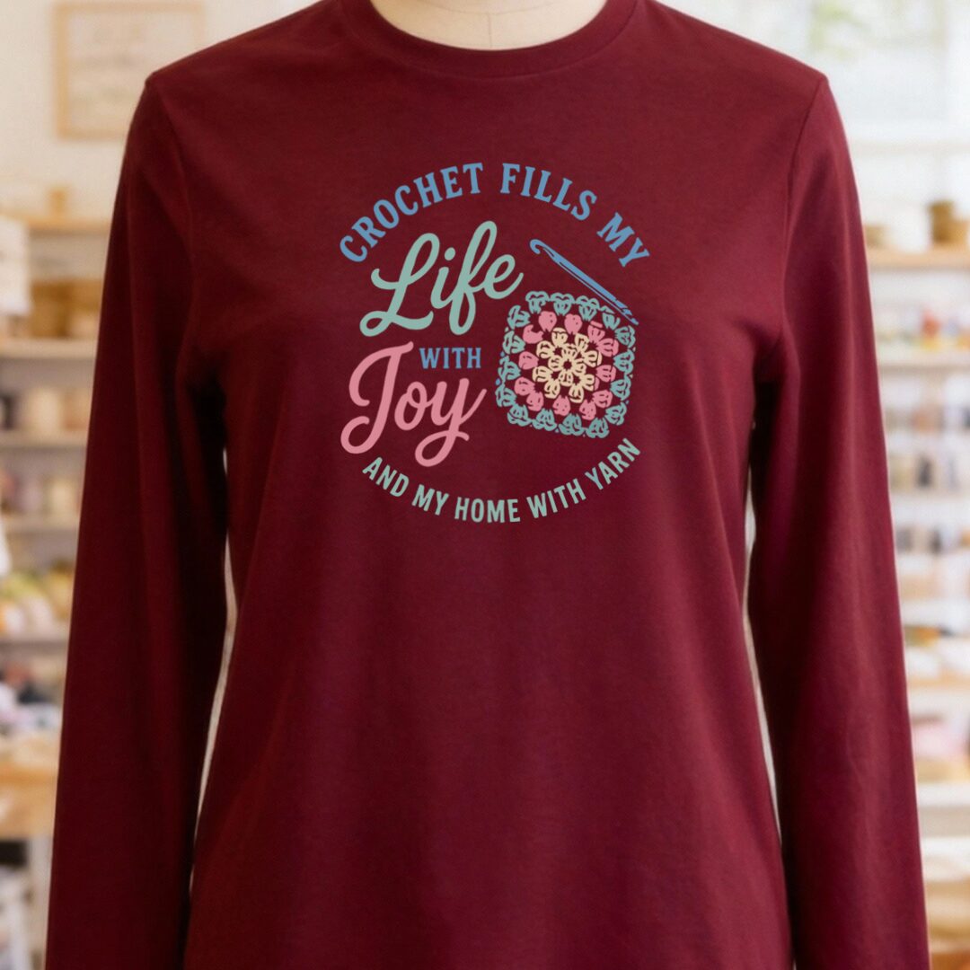 Crochet Fills My Life Maroon Long Sleeve Tee.jpg