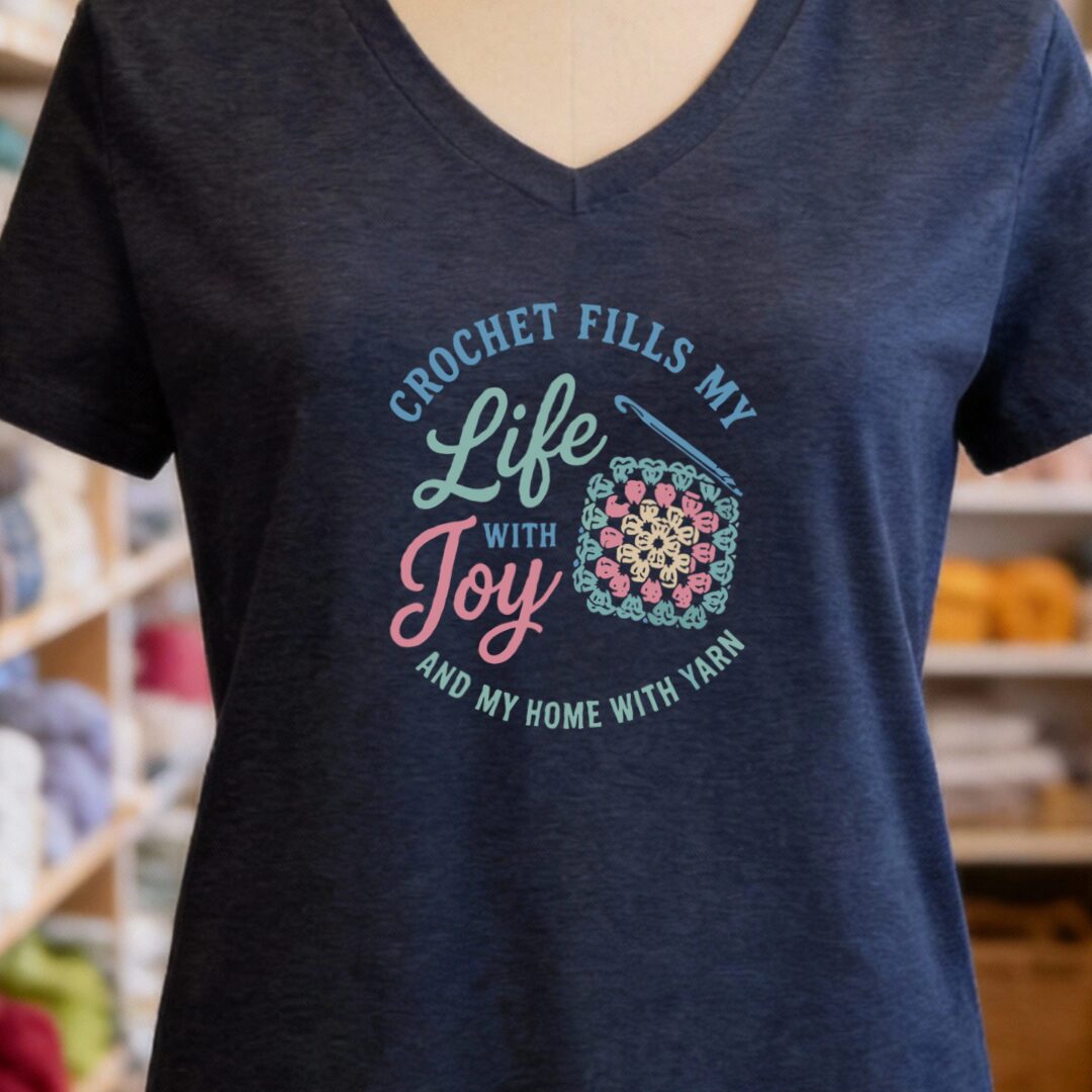 Crochet Fills My Life V-Neck T-Shirt Navy t-shirt