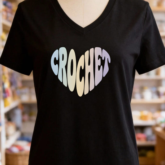 Crochet Heart Pastel V-Neck T-Shirt Black t-shirt