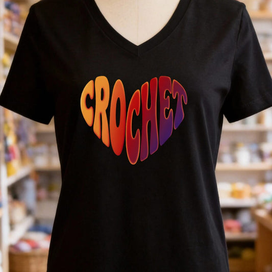 Crochet Heart Sunset V-Neck T-Shirt Black t-shirt