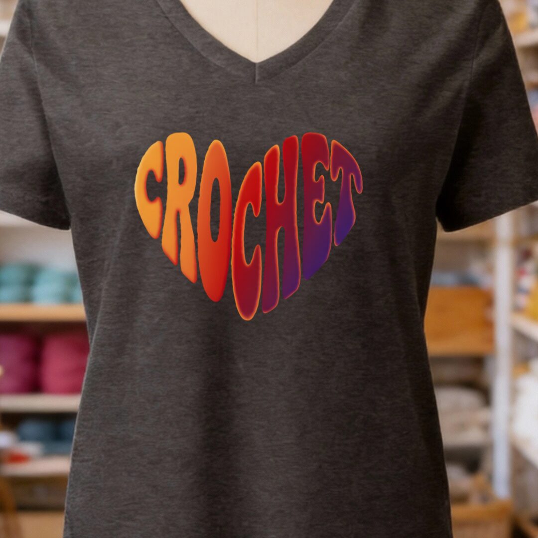 Crochet Heart Sunset V-Neck T-Shirt Dark Grey t-shirt