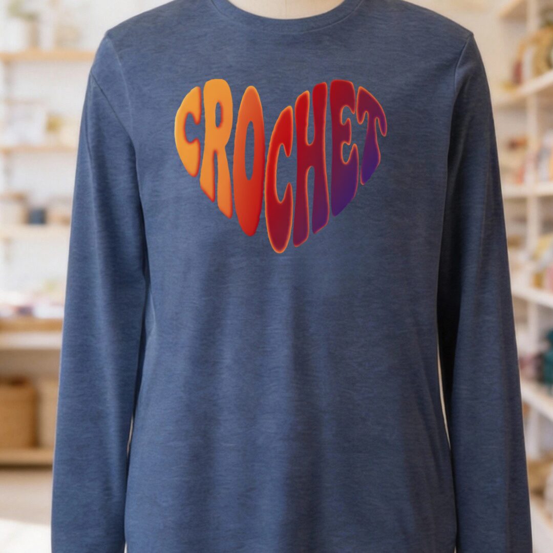 Crochet Heart Sunset Long Sleeve Tee Heather Navy t-shirt