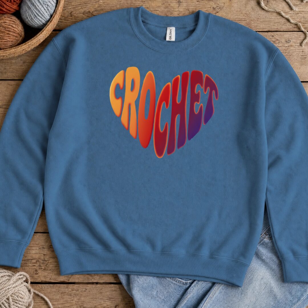 Crochet Heart Sunset Sweatshirt Indigo Blue t-shirt