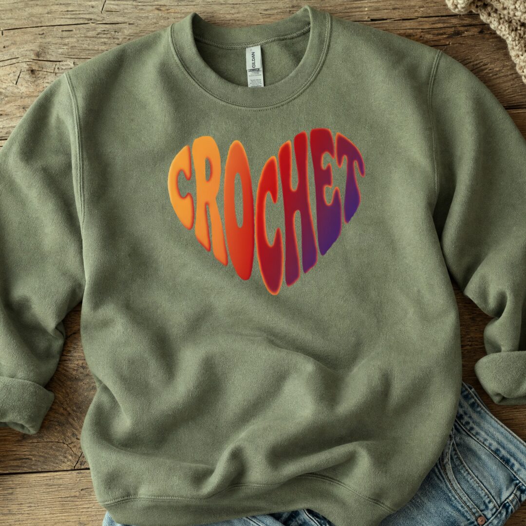 Crochet Heart Sunset Sweatshirt Military Green t-shirt