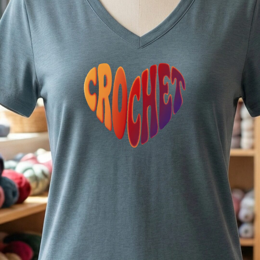 Crochet Heart Sunset V-Neck T-Shirt Slate t-shirt