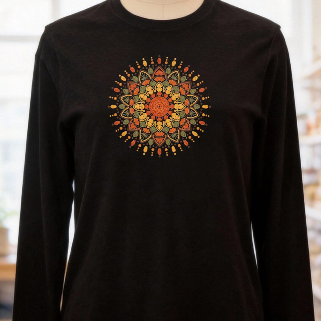 Crochet Mandala Long Sleeve Tee Black t-shirt