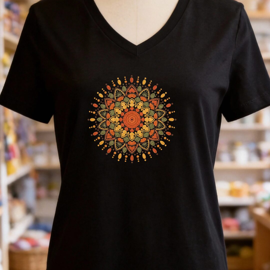 Crochet Mandala V-Neck T-Shirt Black t-shirt