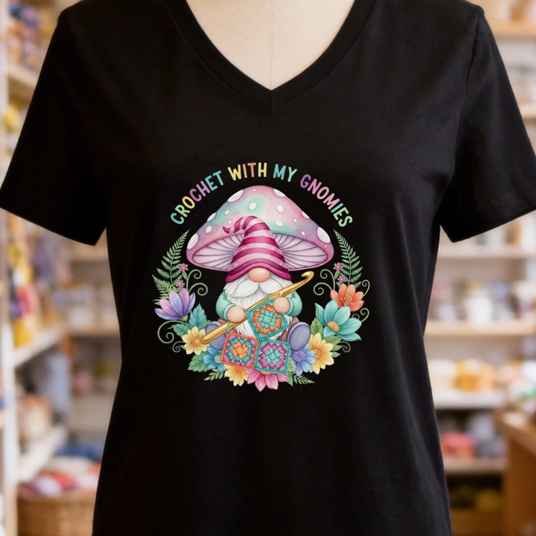 Crochet With My Gnomies V-Neck T-Shirt Black t-shirt
