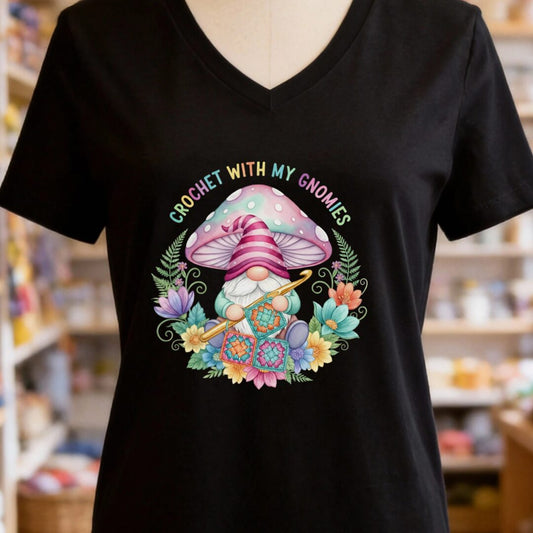 Crochet With My Gnomies V-Neck T-Shirt Black t-shirt
