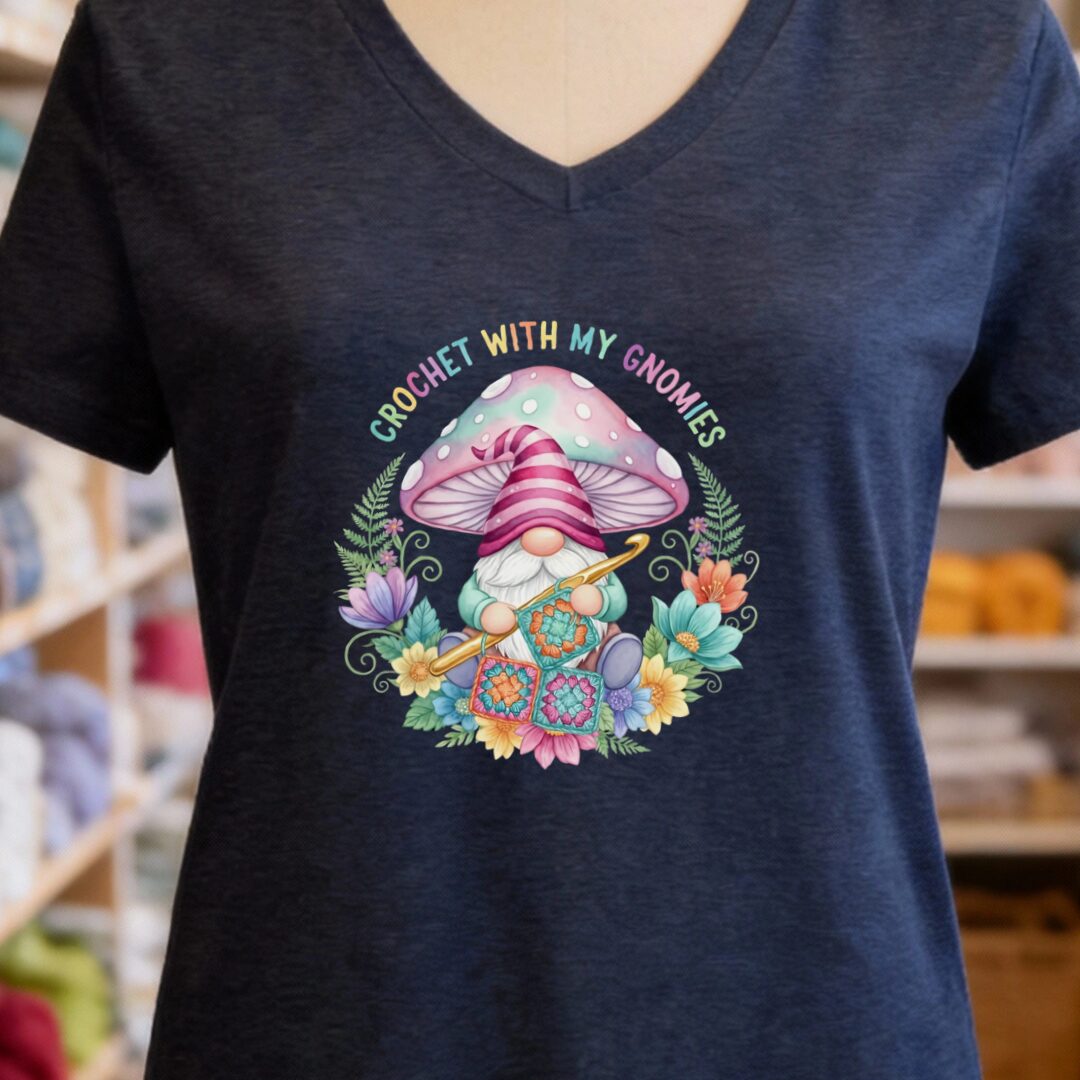 Crochet With My Gnomies V-Neck T-Shirt Navy t-shirt