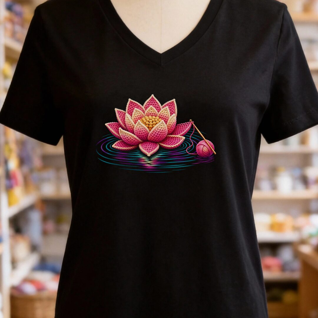 Crocheted Lotus V-Neck T-Shirt Black t-shirt