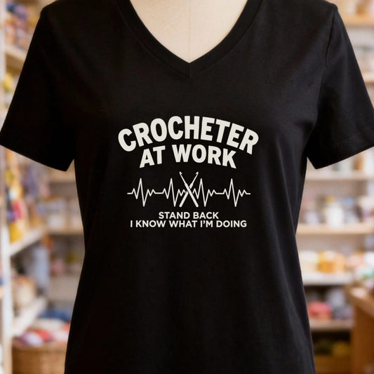 Crocheter At Work Black V Neck.jpg