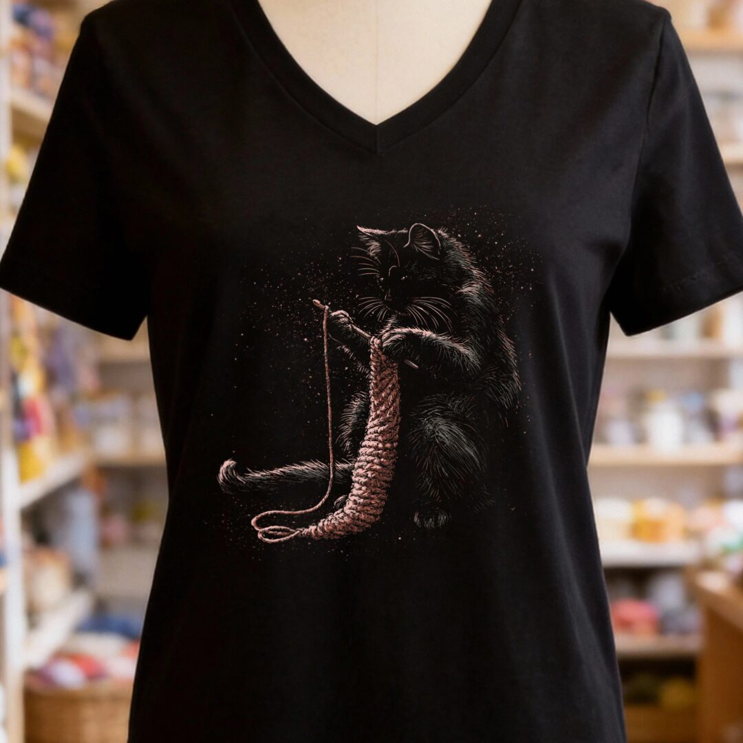 Crocheting Cat V-Neck T-Shirt