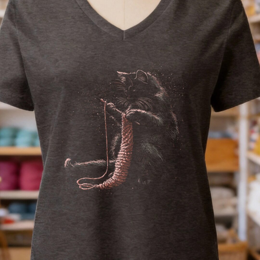 Crocheting Cat V-Neck T-Shirt