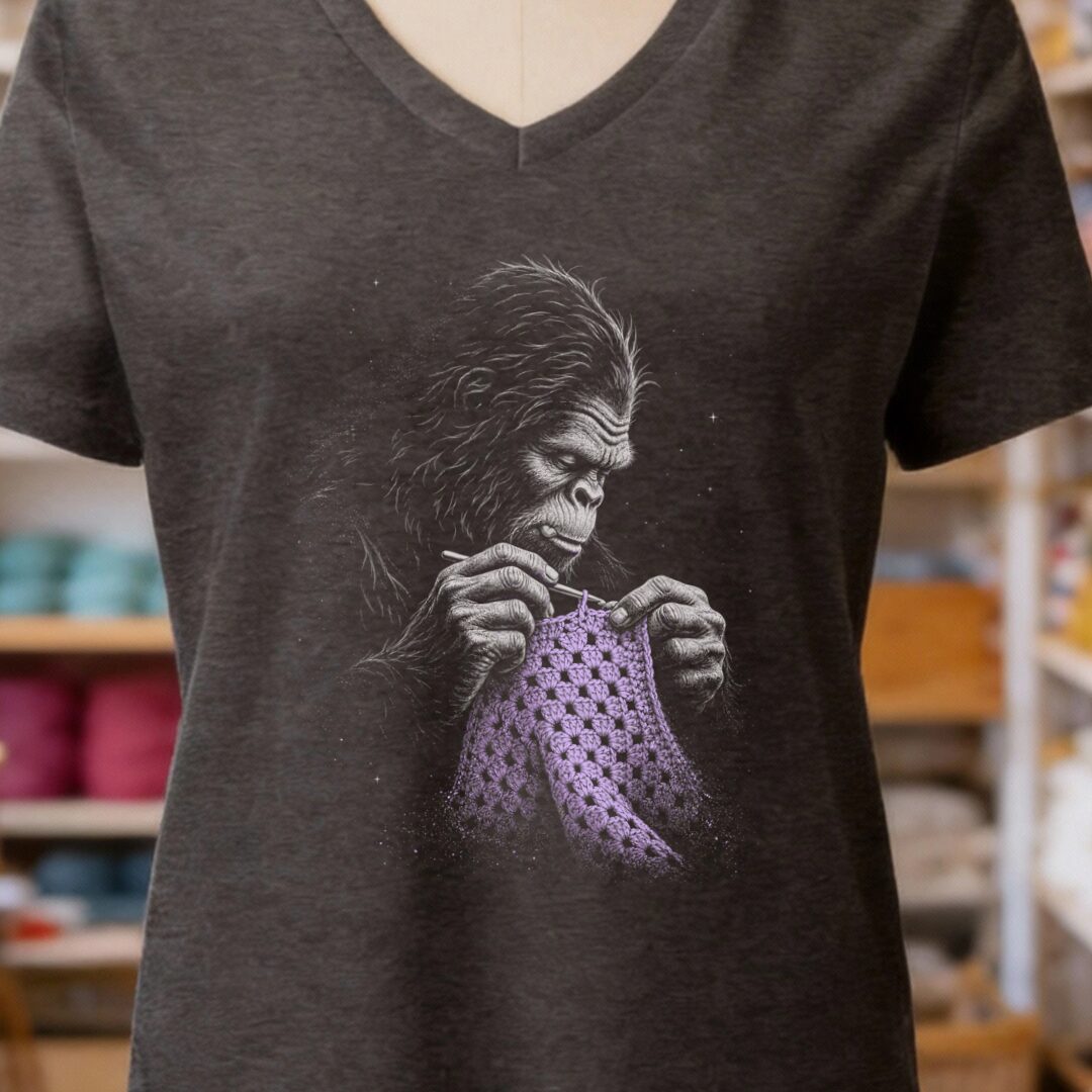 Crocheting Bigfoot Dark Grey V Neck.jpg