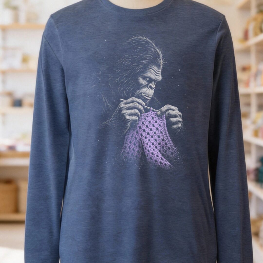 Crocheting Bigfoot Heather Navy Long Sleeve Tee.jpg