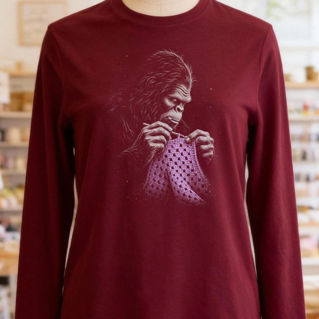 Crocheting Bigfoot Maroon Long Sleeve Tee.jpg