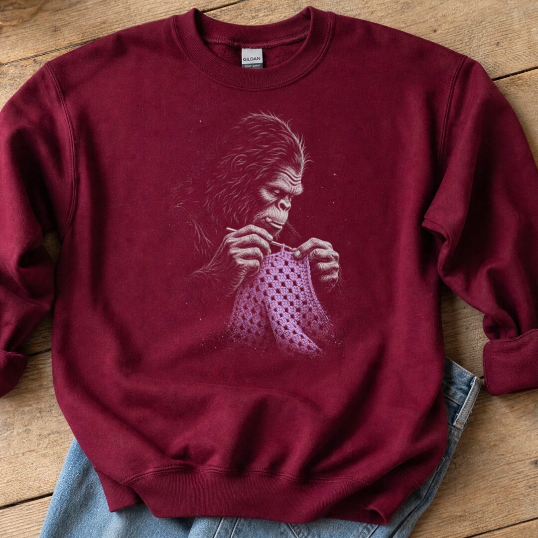 Crocheting Bigfoot Maroon Sweatshirt.jpg