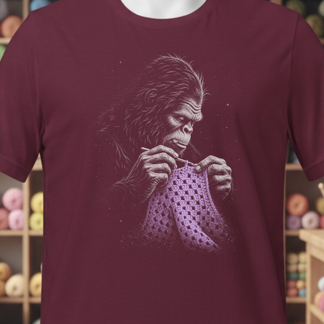Crocheting Bigfoot Maroon T-Shirt.jpg