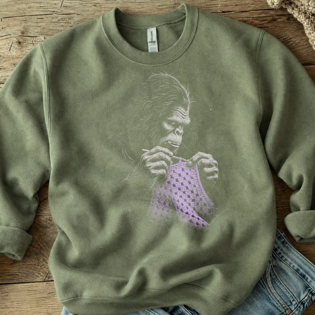 Crocheting Bigfoot Military Green Sweatshirt.jpg