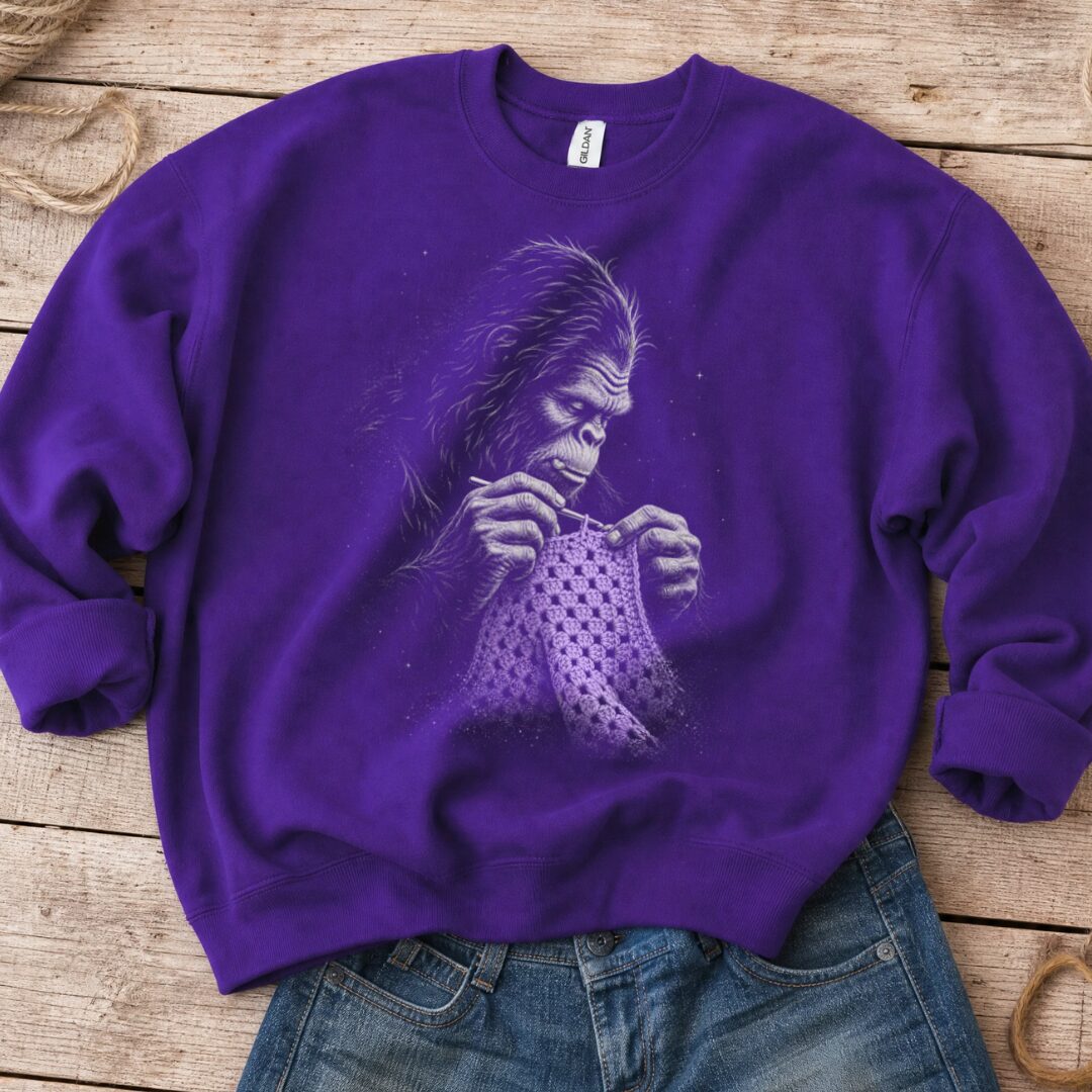 Crocheting Bigfoot Purple Sweatshirt.jpg