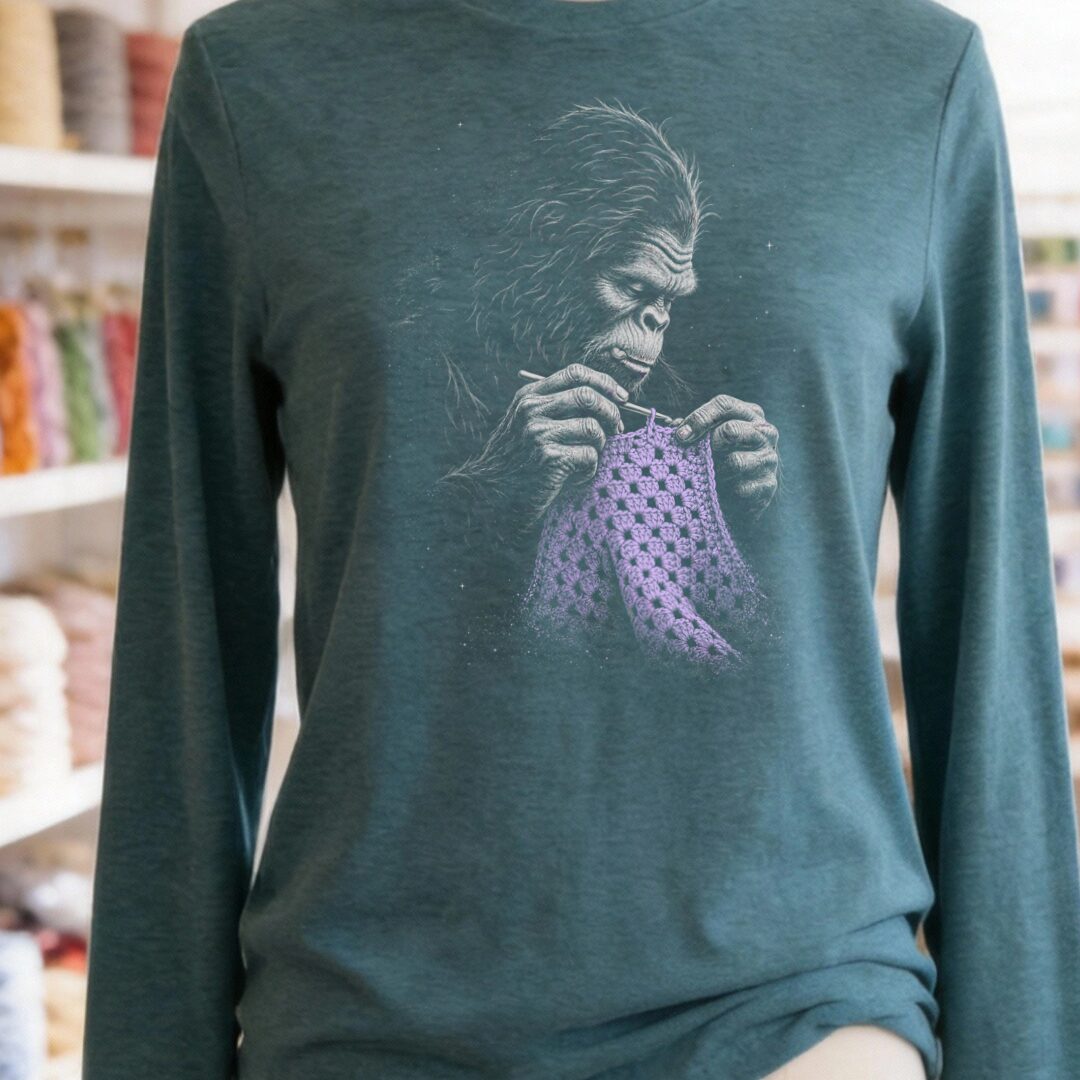 Crocheting Bigfoot Teal Blue Long Sleeve Tee.jpg