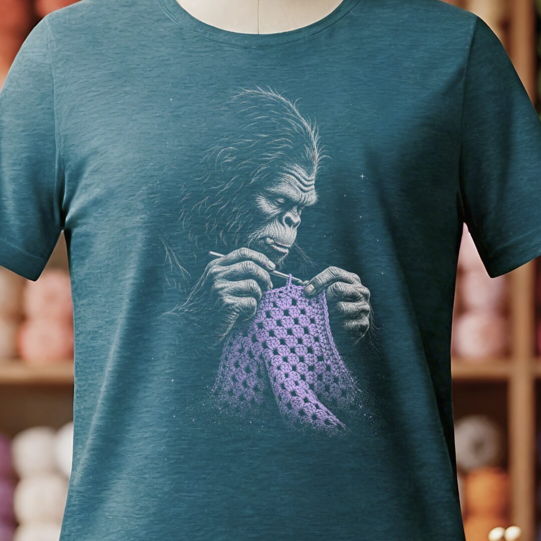 Crocheting Bigfoot Teal Blue T-Shirt.jpg
