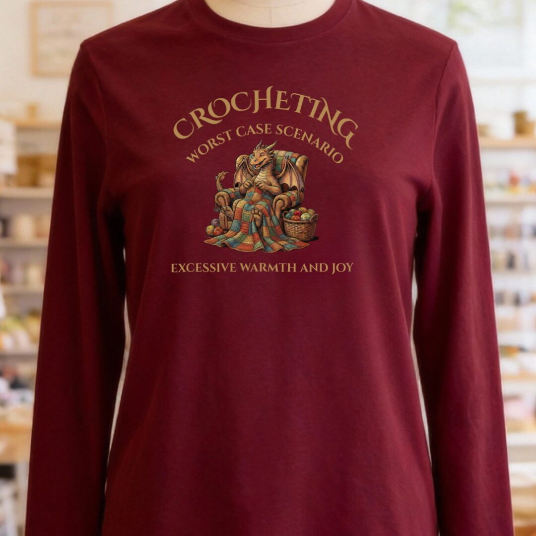 Crocheting Scenario Long Sleeve Tee Maroon t-shirt