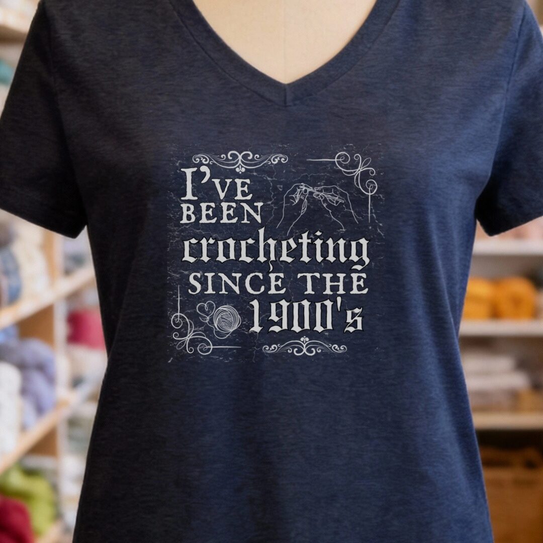 Crocheting Since the 1900s V-Neck T-Shirt Navy t-shirt