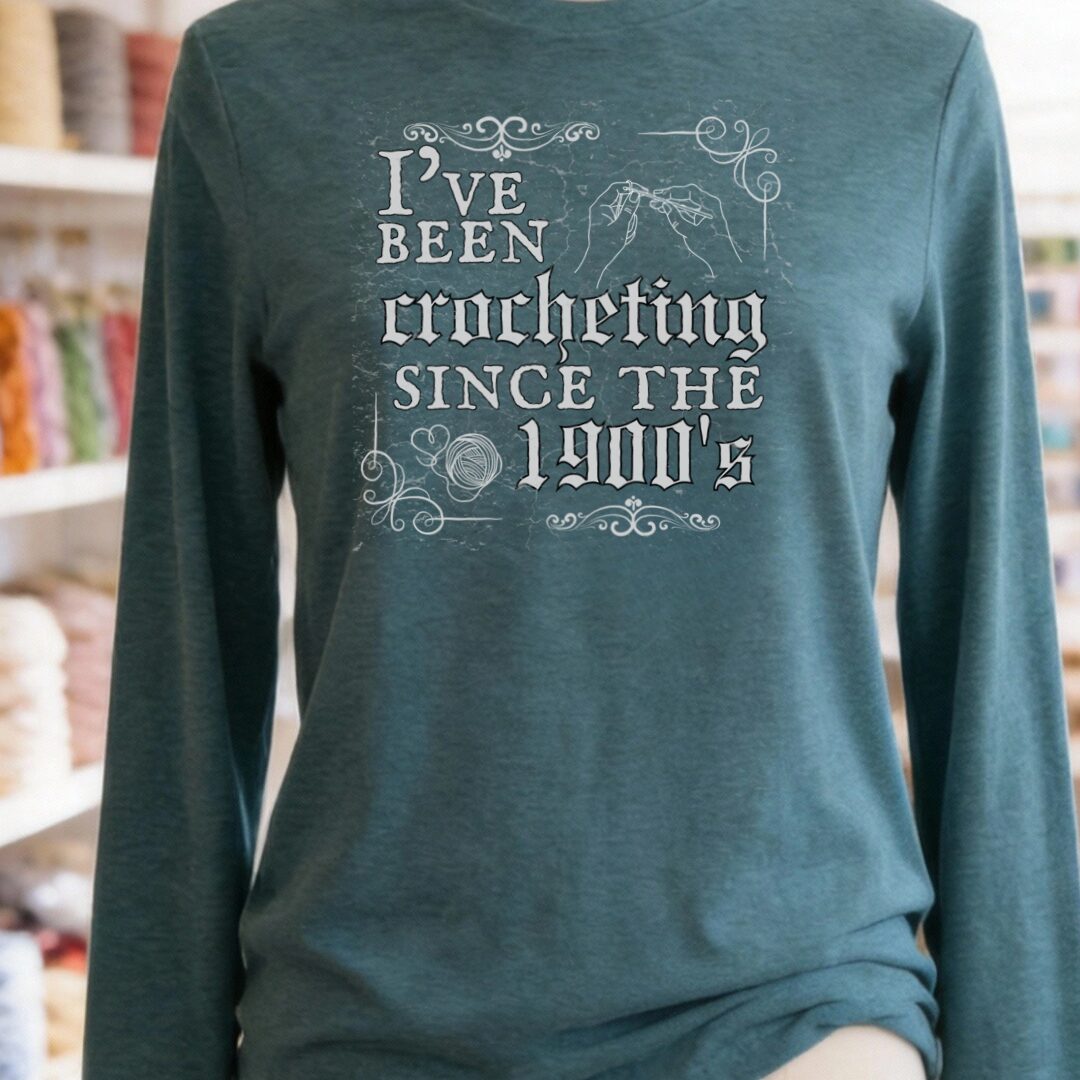 Crocheting Since the 1900s Long Sleeve Tee Heather Deep Teal t-shirt