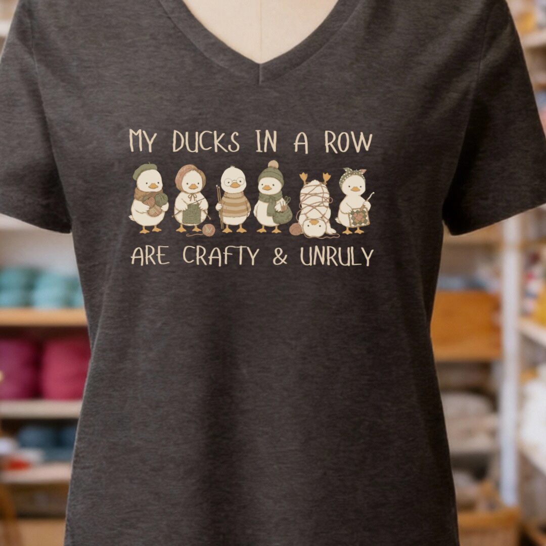 Ducks In A Row Dark Grey V Neck.jpg