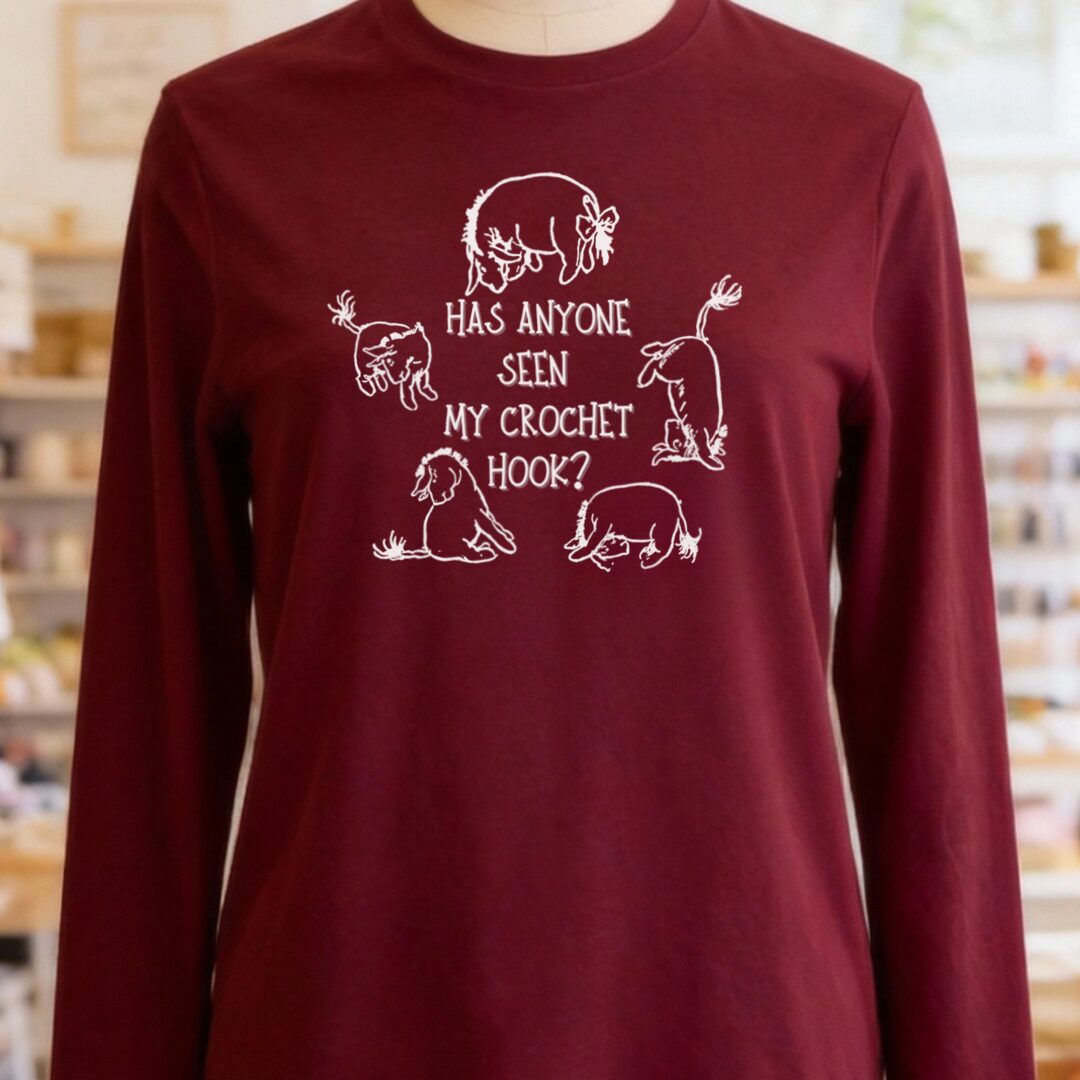 Eeyore Lost Crochet Hook Long Sleeve Tee Maroon t-shirt